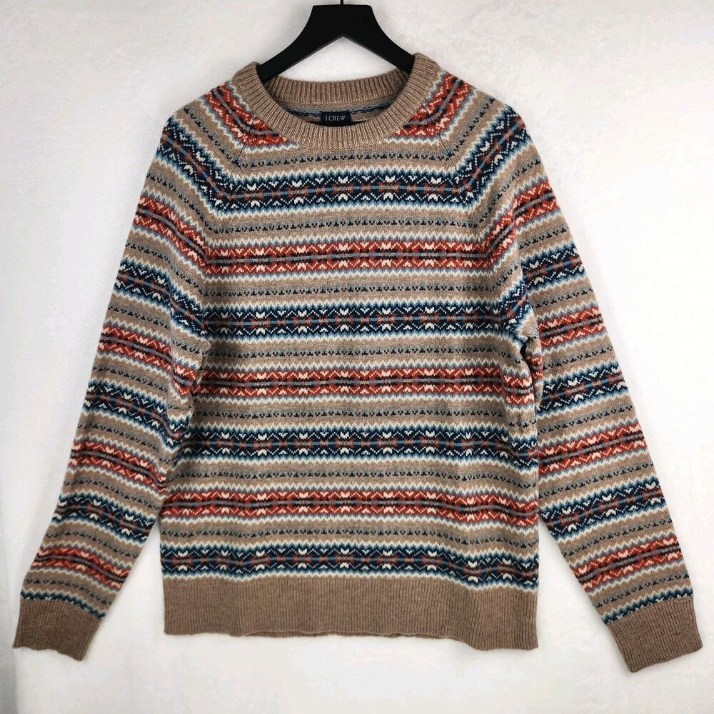 J. Crew Lambs Wool Blend Sweater Men's Large Fair Isle Crewneck Preppy Classic